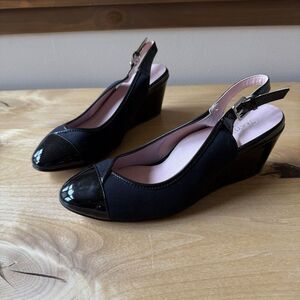 TARYN ROSE KARINE MULE WEDGE SLINGBACK SHOE PATENT LEATHER TOE ADJ STRAP 9M